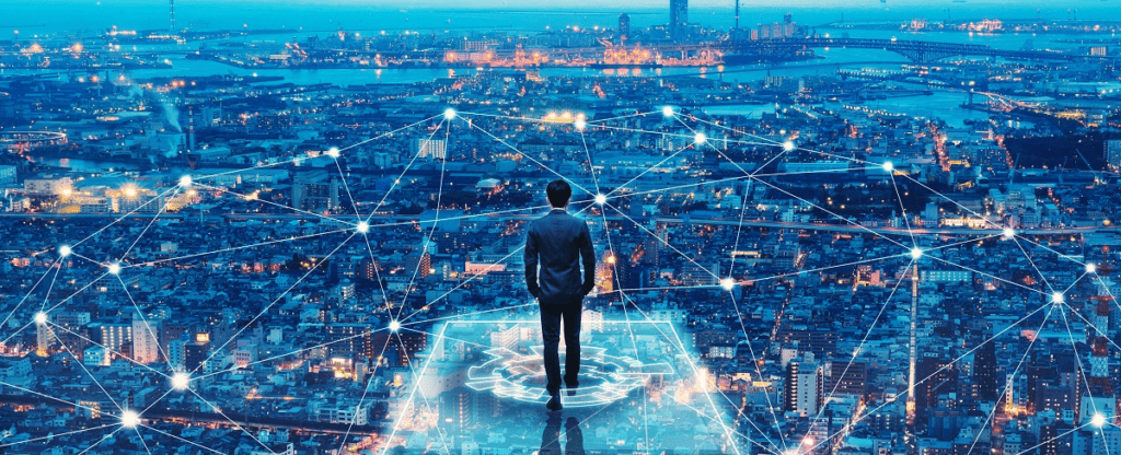 Man kijkt uit over een AI stad